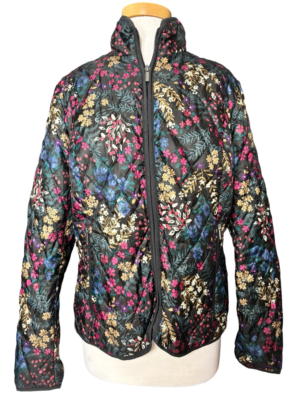 Lands' End Floral Quilted Packable Puffer Jacket Black Multi Zip L 14-16 - Picture 2 of 6